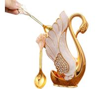 Coffee Spoon Holder Decorative Swan Base Holder with 6 Dessert Spoons Set Metal Swan Base Spoon Organizer Flatware Gold Tea Spoons