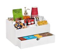Coffee Station Organizer, Wooden Sugar Basket, Multipurpose Counter Caddy, Built-In Storage Drawer, Compact Space-Saving Design, Ideal para habitaciones dorm, estudios, breakrooms, mesas de comedor