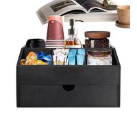 Coffee Station Organizer, Wooden Sugar Basket, Multipurpose Counter Tray, Built-In Drawer, Compact Space Saver, Rustic Style, Easy Access Storage, Perfect for Dorm, Studio, Breakroom, Hotel, Dining