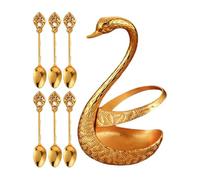 Coffee Stir Spoons - Zinc Alloy | Aesthetic swan holder set with 6 pieces for kitchen bar restaurant, apartment office party, dessert ice cream cake stirring, Silver.
