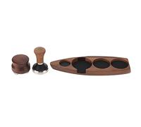 Coffee Tamper Holder Set | Walnut Wood & Stainless Steel Boat Shaped Rack | Holds Tamper and Distributor for Coffee Bar/Kitchen/Home | 3 Pieces, Polished Finish (Para base de 51/53 mm Tamper de