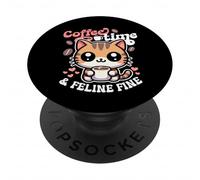 Coffee Time & Fine Fine Cute Kawaii Cat Lover Morning PopSockets PopGrip Adhesivo