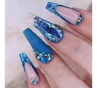 Coffin False Nails Blue Long Fake Nails Sequin Crystal Press on Nails French Ballerina Acrylic Stick on Nails 24pcs for Women and Girls