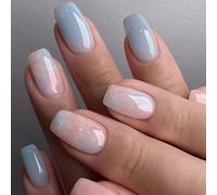 Coffin False Nails Blue Marble Press on Nails Square Short Fake Nails Ballerina Acrylic Stick on Nails 24pcs for Women and Girls