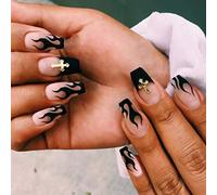 Coffin False Nails Flame Cross Fake Nails Press on Nails Ballerina Acrylic Full Cover Stick on Nails 24pcs for Women and Girls (Color : Gold, Size : 24 Count (Pack of 1))
