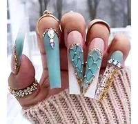 Coffin False Nails French Butterfly Press on Nails Pink Long Stick on Nails Ballerina Acrylic Fake Nails 24pcs for Women and Girls(Green,Free size)