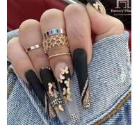 Coffin False Nails French Butterfly Press on Nails Pink Long Stick on Nails Ballerina Acrylic Fake Nails 24pcs for Women and Girls(Black,24 Piece Assortment)