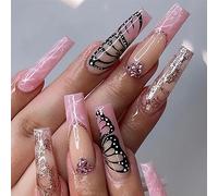 Coffin False Nails French Butterfly Press on Nails Pink Long Stick on Nails Ballerina Acrylic Fake Nails 24pcs for Women and Girls(Black,Free size)