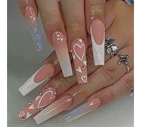 Coffin False Nails French Butterfly Press on Nails Pink Long Stick on Nails Ballerina Acrylic Fake Nails 24pcs for Women and Girls(Pink,24 Count (Pack of 1))