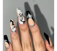 Coffin False Nails French Long Fake Nails Butterfly Bloom Press on Nails Ballerina Acrylic Stick on Nails 24pcs for Women and Girls, with solid glue, nail lamp