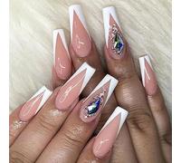 Coffin False Nails French Pink Fake Nails Rhinestone Press on Nails Full Cover Stick on Nails 24pcs for Women and Girls