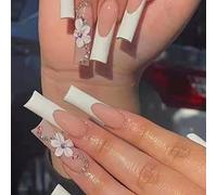 Coffin False Nails French Press on Nails Pink Long Stick on Nails Ballerina Acrylic Fake Nails 24pcs for Women and Girls(Floral)