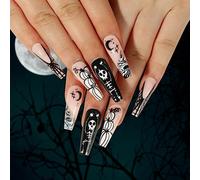 Coffin False Nails Halloween Decorations Black Spider Press on Nails Ghost Stick on Nails Ballerina Acrylic Long Fake Nails 24Pcs for Women and Girls