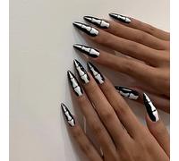 Coffin False Nails Halloween Decorations Press on Nails Black Skeleton Hand Stick on Nails Long Fake Nails 24Pcs for Women and Girls