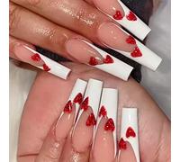 Coffin False Nails Heart Press on Nails Almond Valentine's Day Pink Long Fake Nails Ballerina Acrylic Stick on Nails 24pcs for Women and Girls