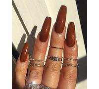 Coffin False Nails Long Fake Nails Ballerina Acrylic Press on Nails Full Cover Stick on Nails 24pcs for Women and Girls,With solid glue, nail lamp (Color : Brown, Size : Free size)