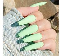 Coffin False Nails Long Fake Nails Ballerina Acrylic Press on Nails Pure Color Stick on Nails 24pcs for Women and Girls(Green)