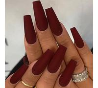 Coffin False Nails Long Fake Nails Ballerina Acrylic Press on Nails Pure Color Stick on Nails 24pcs for Women and Girls(Wine red)