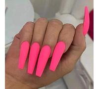 Coffin False Nails Long Fake Nails Ballerina Acrylic Press on Nails Pure Color Stick on Nails 24pcs for Women and Girls(Pink)