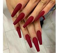 Coffin False Nails Long Fake Nails Ballerina Acrylic Press on Nails Pure Color Stick on Nails 24pcs for Women and Girls(Dark Red)
