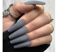 Coffin False Nails Long Fake Nails Ballerina Acrylic Press on Nails Pure Color Stick on Nails 24pcs for Women and Girls(Gray)