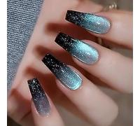 Coffin False Nails Long Fake Nails Blue Black Crystal Press on Nails Cat Eye Reusable Stick on Nails 24pcs for Women and Girls