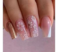 Coffin False Nails Long Fake Nails French Flowers Press on Nails Ballerina Acrylic Stick on Nails 24pcs for Women and Girls(F)
