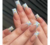Coffin False Nails Long Fake Nails French Flowers Press on Nails Ballerina Acrylic Stick on Nails 24pcs for Women and Girls(E)