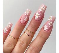 Coffin False Nails Long Fake Nails French Flowers Press on Nails Ballerina Acrylic Stick on Nails 24pcs for Women and Girls(B)