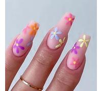 Coffin False Nails Long Fake Nails French Flowers Press on Nails Ballerina Acrylic Stick on Nails 24pcs for Women and Girls(D)