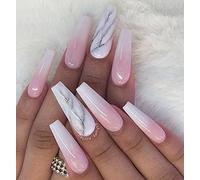 Coffin False Nails Long Fake Nails Marble Pattern Press on Nails Bellarina Acrylic Stick on Nails 24pcs for Women and Girls