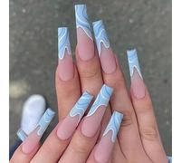 Coffin False Nails Long Fake Nails Wave Line Press on Nails Bellarina Acrylic Stick on Nails 24pcs for Women and Girls(Blue)