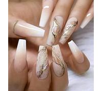 Coffin False Nails Marble Long Fake Nails Gold Foil Press on Nails Ballerina Acrylic Stick on Nails 24pcs for Women and Girls, with solid glue, nail lamp (Color : Black, Size : 24 Count (Pack of 1)