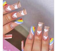 Coffin False Nails Pride Rainbow Press on Nails Rings Long Fake Nails Ballerina Acrylic Stick on Nails 24pcs for Women and Girls