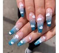 Coffin False Nails Rainbow Press on Nails Short Fake Nails Color Bloom Ballerina Acrylic Stick on Nails 24pcs for Women and Girls(Blue,24 Count (Pack of 1))