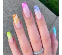 Coffin False Nails Rainbow Press on Nails Short Fake Nails Color Bloom Ballerina Acrylic Stick on Nails 24pcs for Women and Girls(Colorful,24 Piece Assortment)