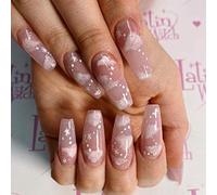 Coffin False Nails Snow Glitter Press on Nails Christmas Ballerina Acrylic Stick on Nails Pink Long Fake Nails 24pcs for Women and Girls (Color : Pink, Size : 24 Count (Pack of 1))