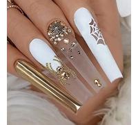 Coffin False Nails Spider Web Press on Nails Gold White Long Fake Nails Rusable Rhinestone Stick on Nails 24pcs for Women and Girls