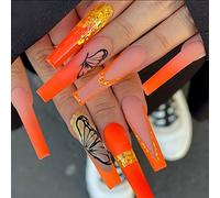 Coffin Long False Nails Butterfly Press on Nails French Orange Fake Nails Glitter Ballerina Acrylic Stick on Nails 24pcs for Women and Girls