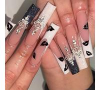 Coffin Long False Nails Crown Press on Nails Valentine's Day French Fake Nails Ballerina Acrylic Stick on Nails 24pcs for Women and Girls
