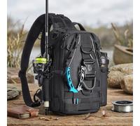 Cofre de pesca de poliéster con soporte integrado para caña y sistema de compartimentos modulares para gestión de aparejos (negro)
