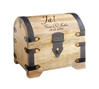 Cofre del tesoro para bodas, grabado individual, para el dinero del regalo de boda, joyero de madera clara, grabado con el nombre deseado, la fecha y un diseño, 14 cm x 11 cm x 13 cm (personalizable), Motiv Ja! Wort - Farbe Hell