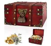 Cofre del Tesoro Pirata de Madera Vintage con Candado Secreto - 18x11x10 cm - Caja Artesanal para Niños, Guarda Joyas, Monedas y Secretos y Decoración | Regalo Cumpleaños Infantiles + Aventura (Rojo)