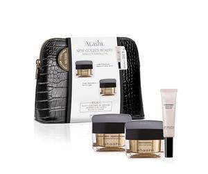 Cofre New Golden Beauty Atashi | Crema Hidratante Redensificante SPF15 + Crema Renovadora Antiarrugas AHA + Contorno de Ojos K-Bioferment Magic Eyes, Neceser Regalo Antiedad e Iluminador