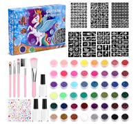 Cofvetia Kit de Tatuajes Purpurina Temporales, 48 Colores Glitter Powder, 238 Diamantes de ImitacióN, 204 Plantillas, 5 Pinceles, 3 Pegamento, Tatuajes de Brillo Temporales Para NiñO, Fiestas