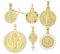 COGCHARGER 6 colgantes cristianos dorados con diseño de cruz con cristal y circonitas San Benito de latón colgantes para pulseras, collares, pendientes, manualidades, fabricación de joyas