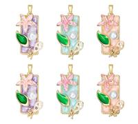 COGCHARGER 6 dijes de flores para hacer joyas, rectangulares de latón con circonita cúbica, esmaltados, colgantes vintage de hojas florales para pulsera, aretes, collar (color mixto C)