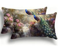 Cohnpjng Juego de 2 Fundas de Almohada Bicolor de Terciopelo, Fundas Rectangulares Decoración 25x50 cm, Cremallera Invisible, Diseño de Doble Cara Transpirables Suaves, Pavo Real Bosque 1 F0A-197