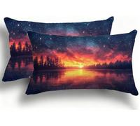 Cohnpjng Juego de 2 Fundas de Almohada Bicolor de Terciopelo, Fundas Rectangulares Decoración 30x60 cm, Cremallera Invisible, Diseño de Doble Cara Transpirables Suaves, Atardecer Bosque F0A-241