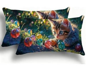 Cohnpjng Juego de 2 Fundas de Almohada Bicolor de Terciopelo, Fundas Rectangulares Decoración 35x70 cm, Cremallera Invisible, Diseño de Doble Cara Transpirables Suaves, Bola De Vidrio Gato F0A-903